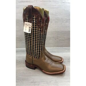 Macie Bean M9075 Women's Square Toe Woven Cowboy Boots Tan 6 Basket Weave Boho